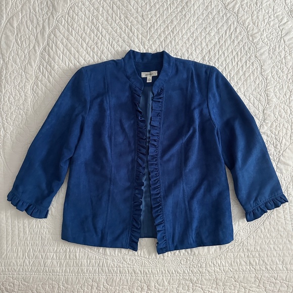 Dressbarn Blue Ruffle Open Jacket Blazer Size Large - Picture 2 of 9